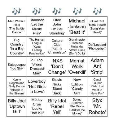 1983 Songs Bingo Card