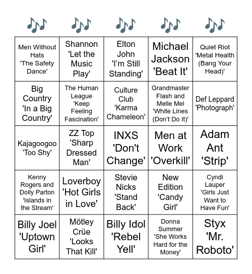 1983 Songs Bingo Card