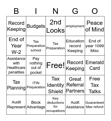 H and R Block Products Bingo Card
