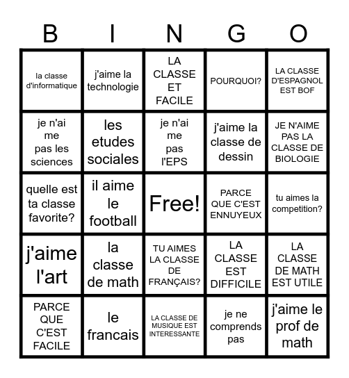 LES MATIERES SCOLAIRES Bingo Card