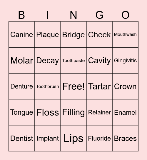 Oral Health Bingo Card