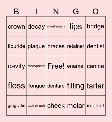 Oral Health Bingo Card