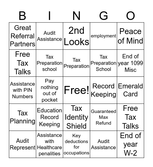H and R Block Products Bingo Card