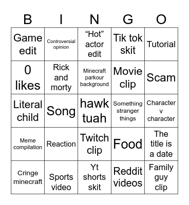 YouTube shorts Bingo Card