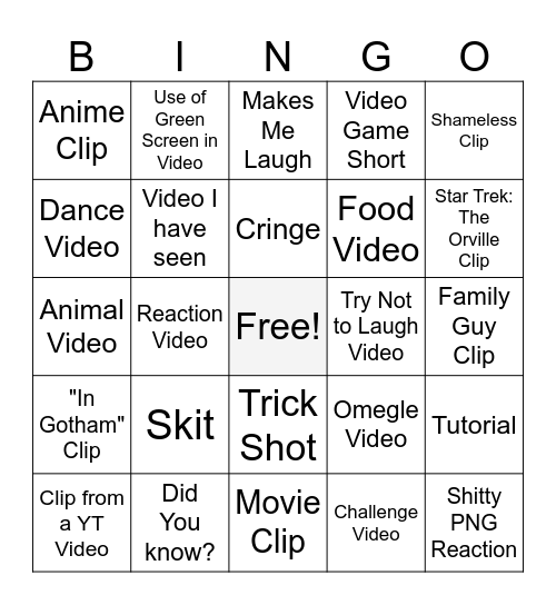 Youtube Shorts Bingo Card