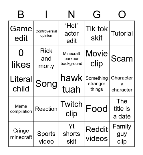 YouTube shorts Bingo Card