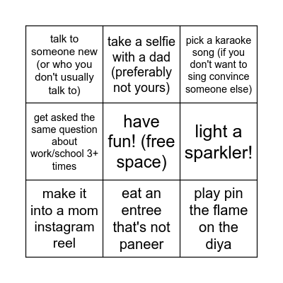 Diwali Party Bingo Card