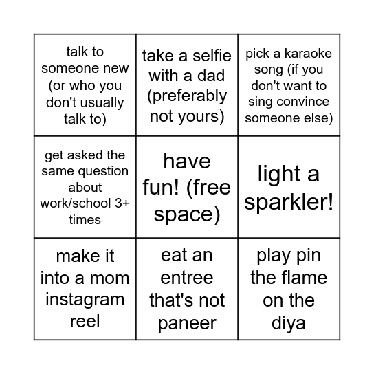 Diwali Party Bingo Card