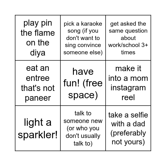 Diwali Party Bingo Card