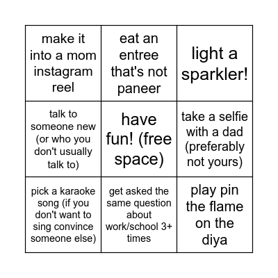Diwali Party Bingo Card