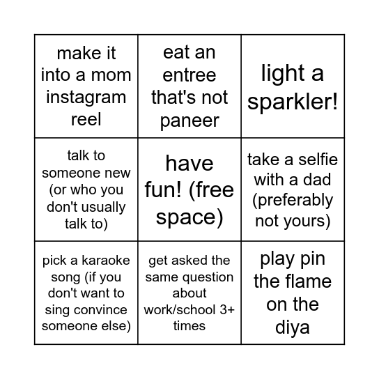 Diwali Party Bingo Card
