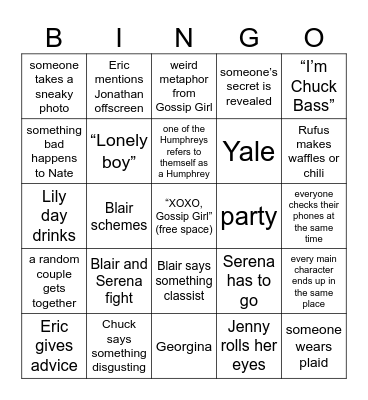 Gossip Girl Bingo Card