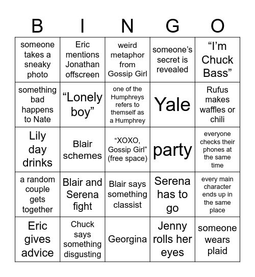 Gossip Girl Bingo Card