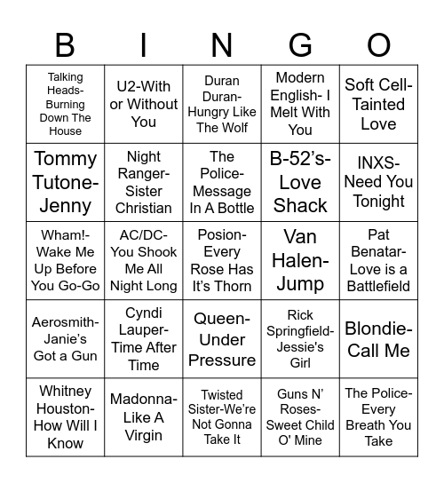 80's Music Bingo Card