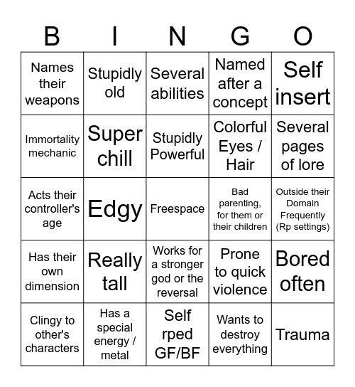 Discord RP God OC Bingo Card Bingo Card