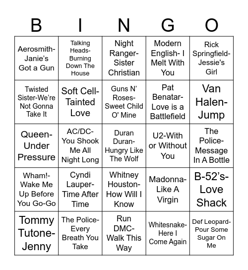 80's music Bingo Card