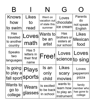 Welcome back to school! Bingo Card