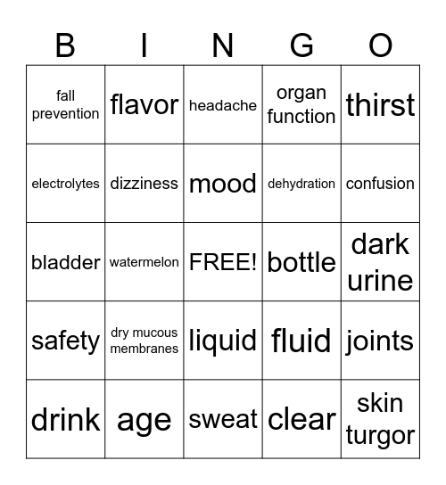 Hydration Bingo Card