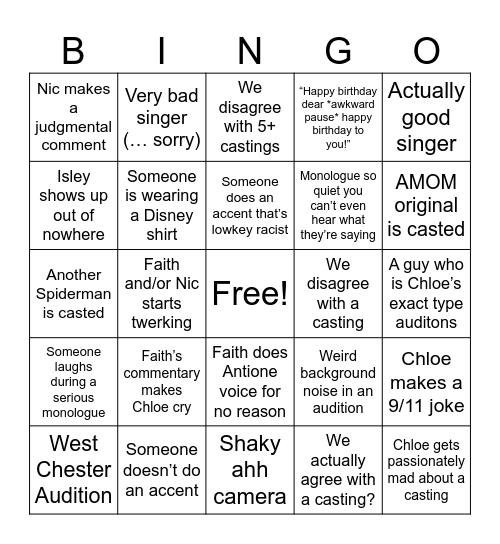 Everyone Watches Nic Cast Bingo Card