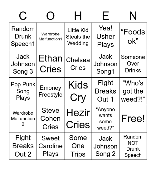 Cohen Wedding Bingo Card