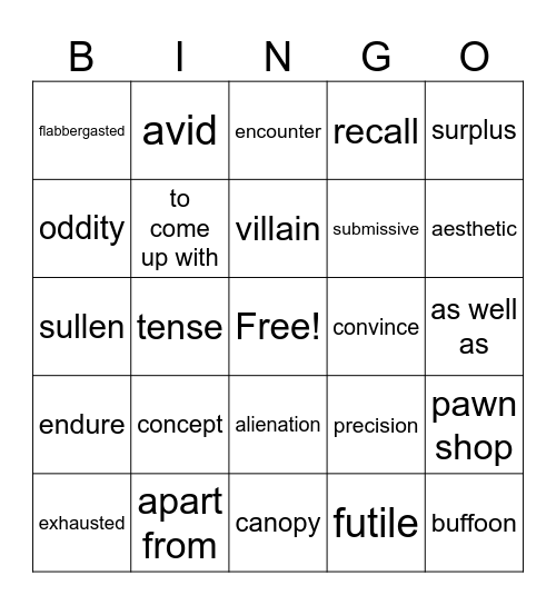 Vocabulary Review 201FO Bingo Card
