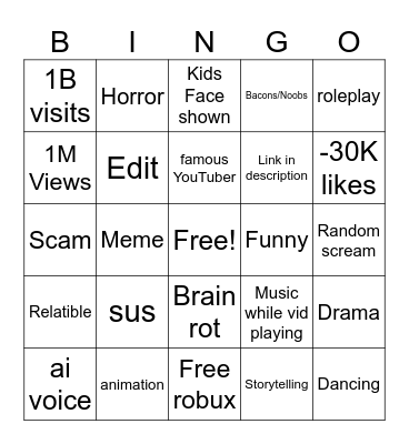Roblox Recomendacions Bingo Card