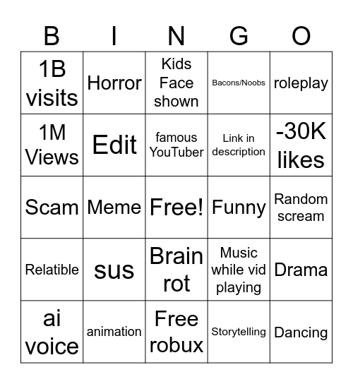 Roblox Recomendacions Bingo Card