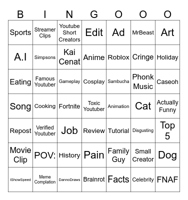 Youtube Shorts Bingo Card