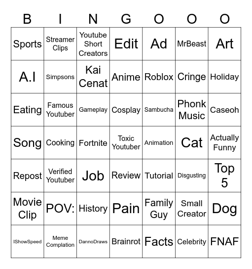 Youtube Shorts Bingo Card