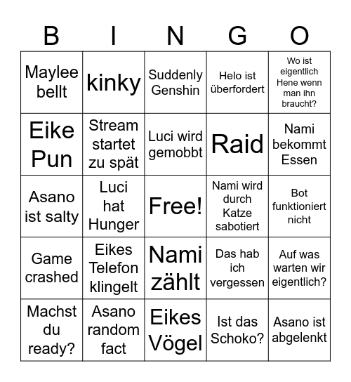 Caleima Streaming Fail- Bingo Card