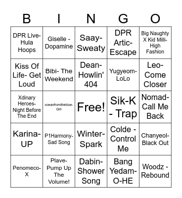 Songs Bingo Card