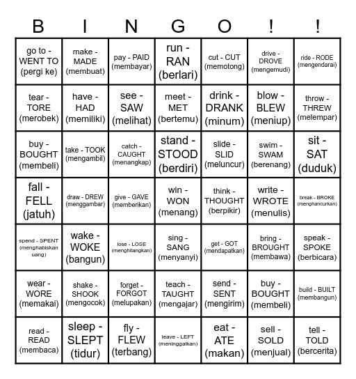 PAST VERBS Bingo Card