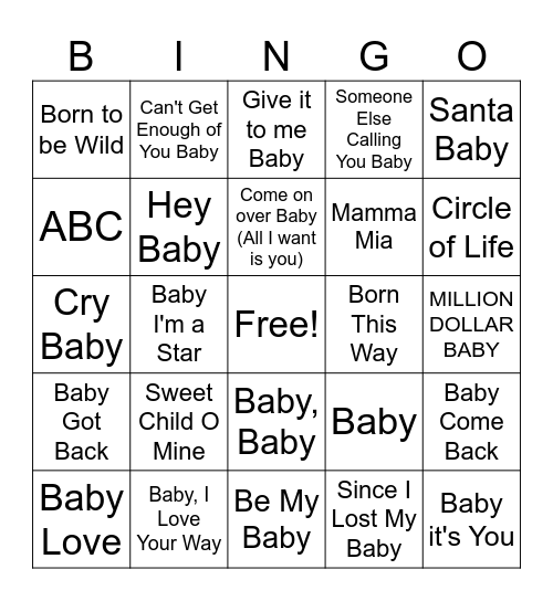 Baby Music Bingo Card