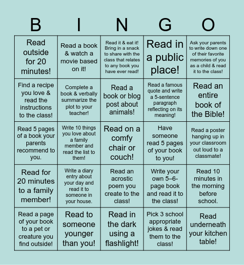 November Reading Challenge Bingo Card