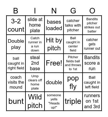 Bandits Baseball Bingo Card