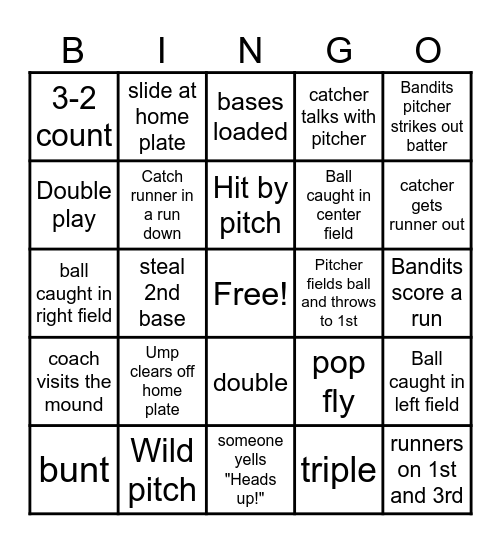 Bandits Baseball Bingo Card