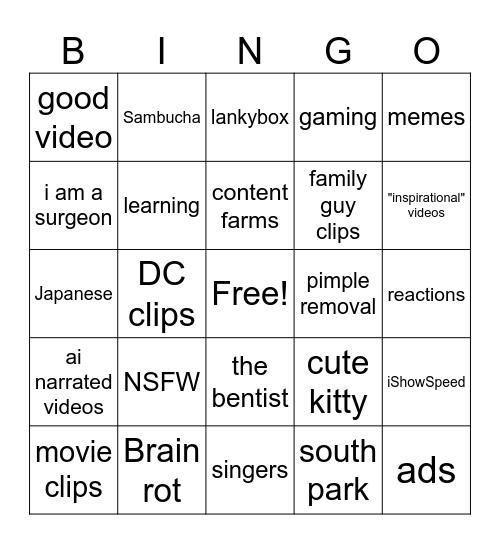 YT Shorts Bingo Card