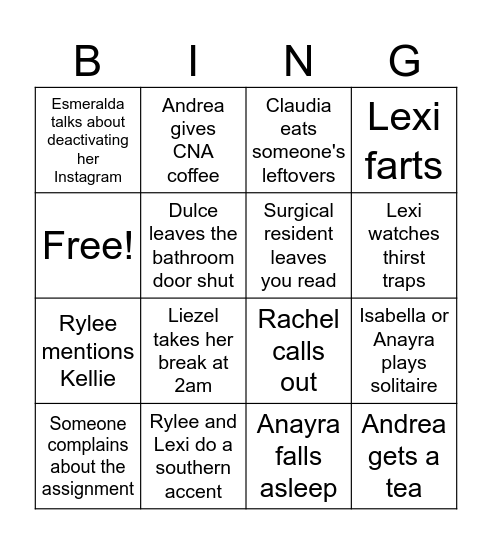 3B Night Shift Bingo Card