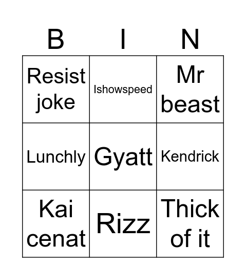 Shorts Bingo Card