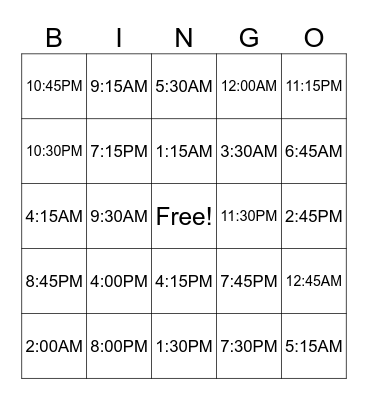 Time to hour, half, quarter hour Bingo Card