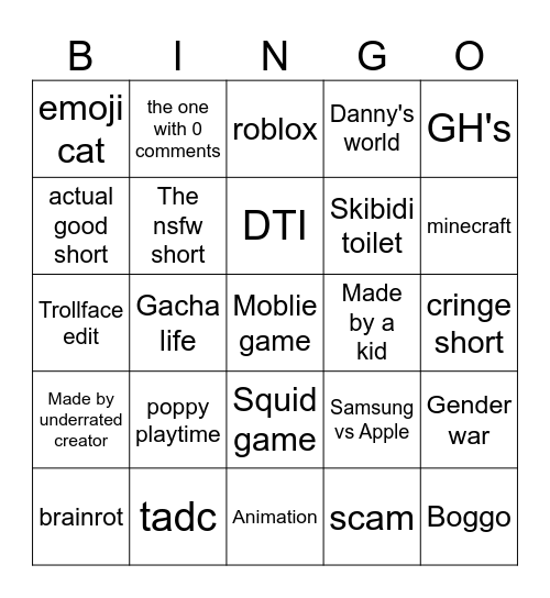 yt shorts Bingo Card