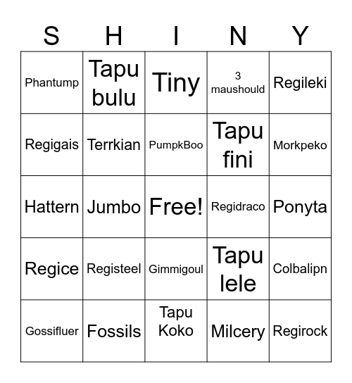 Shinies 2024 Bingo Card