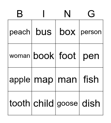 Tell me the plural nouns Bingo Card