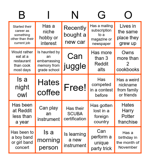 Team Everest Human Bingo Card