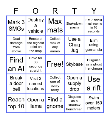 Fortnite bingo Card