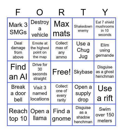 Fortnite bingo Card