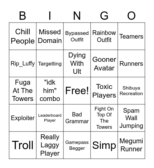 Shoz's JJS Bingo Card Bingo Card