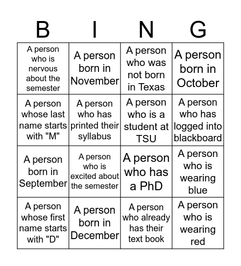 Intro Bingo Card