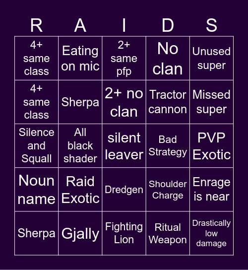 LFG Bingo Card