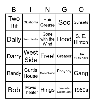 The Outsiders Bingo Card